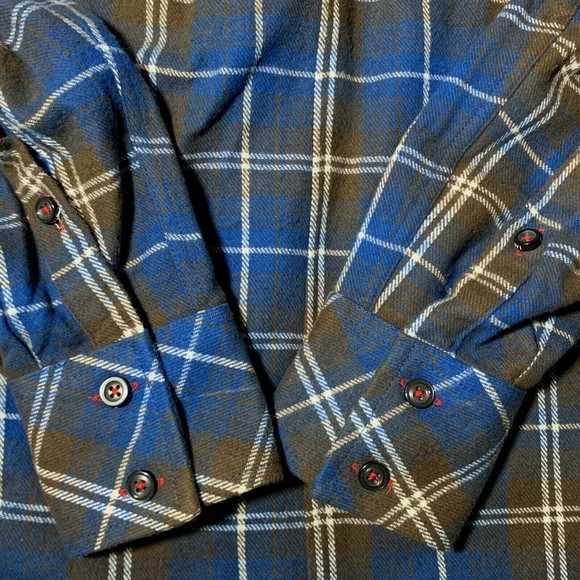 Cavi Mens Flannel Plaid Overshirt Size M Roll Tab Blue Brown Pockets Windowpane - Picture 4 of 12